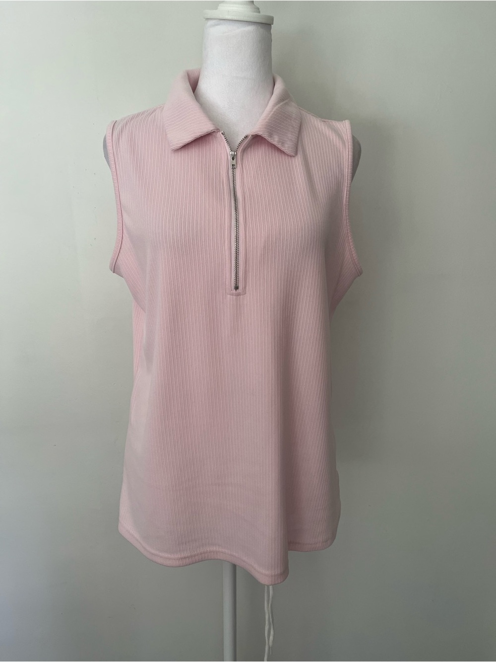 Sleeveless Ribbed Zip Polo Tank - Pale Pink